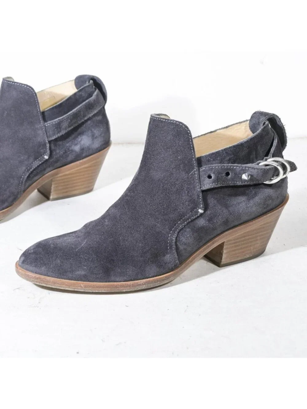 Rag & Bone Western Ankle Bootie Shootie Gray Suede Mid Block Heel Strap Detail M - Picture 2 of 7